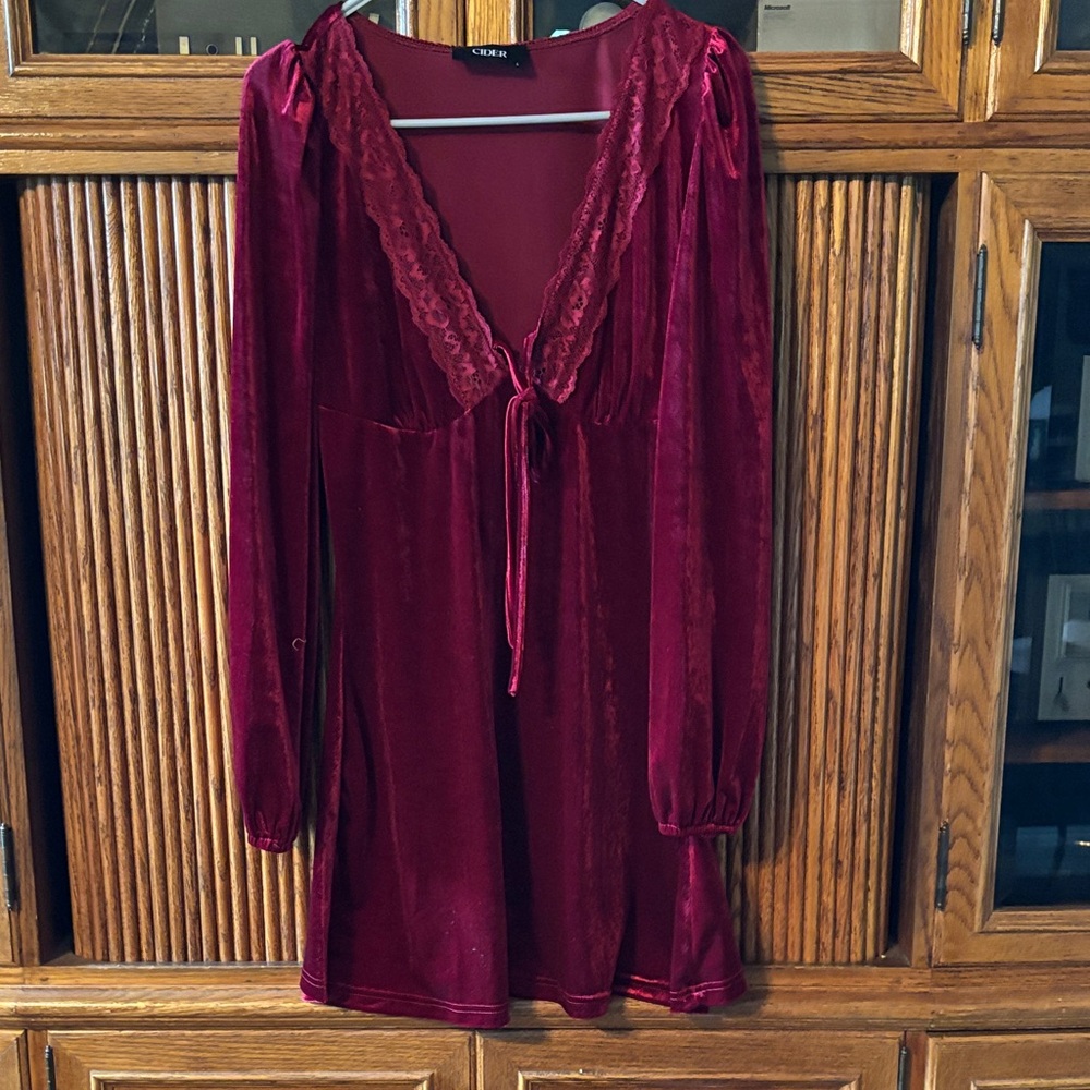 Cider Burgundy Velvet Lace Dress grateful for the holidays